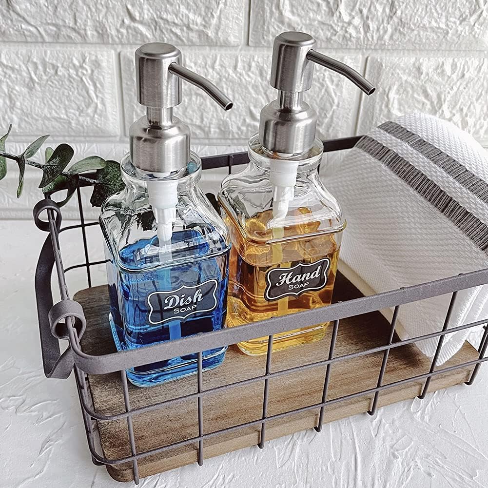 JASAI 2Pack Antique Design Glass Soap Dispenser with Rust Proof 304 Stainless Steel Pump, Refillable Hand Soap Dispenser with 10Pcs Stickers, Premium