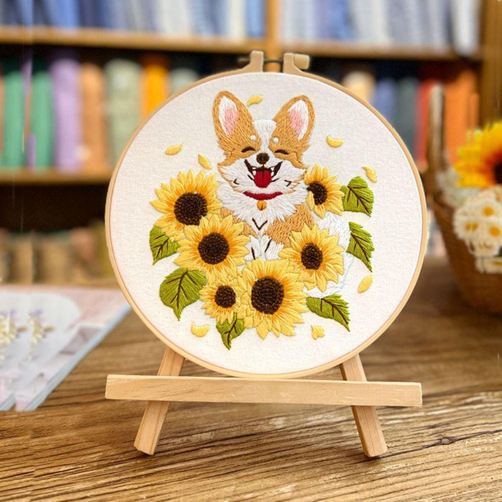 Floral Patterns Cross Stitch Set Corgi Embroidery Set Home Decor Dog Embroidery Kit  Beginner