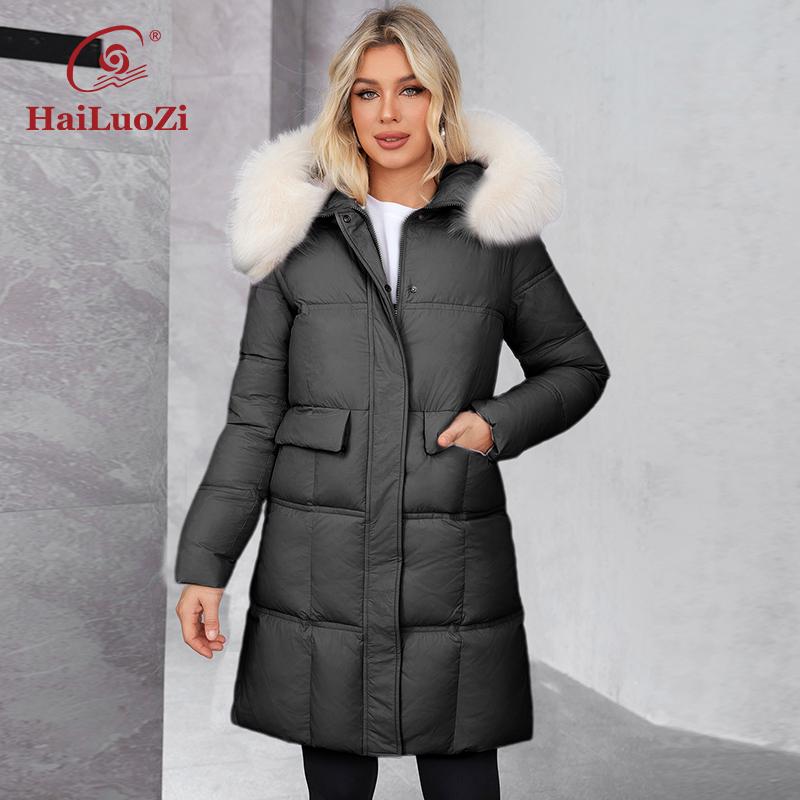 HaiLuoZi 2024 New Women's Winter Coat Faux Fur Collar Hooded Thickened Organic Cotton Jacket Solid Color Large Pockets Ladies Jacket 626