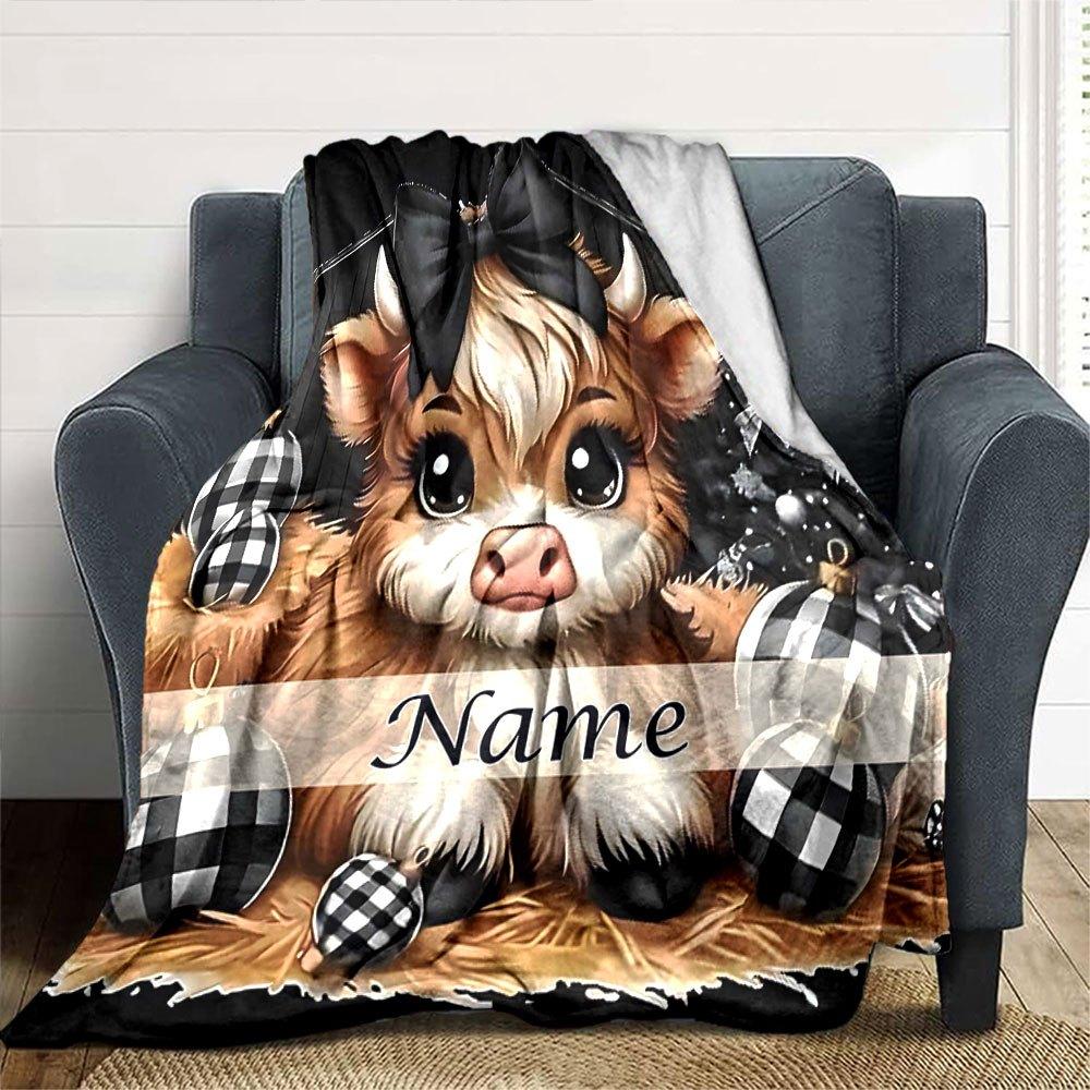 Christmas Cow With Bow Home Customize Your Name Blankets Soft And Cozy Lightweight For All Seasons Perfect For Picnics Sofa Office Bed Living Room