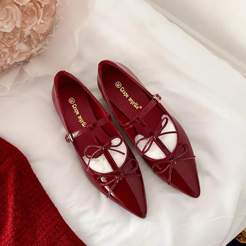 Fashion Red Patent Leather Pointed Toe Mary Jane Shoes for Women Elegant Bow Decoration Women Pumps High Quality Cozy Flats for Women