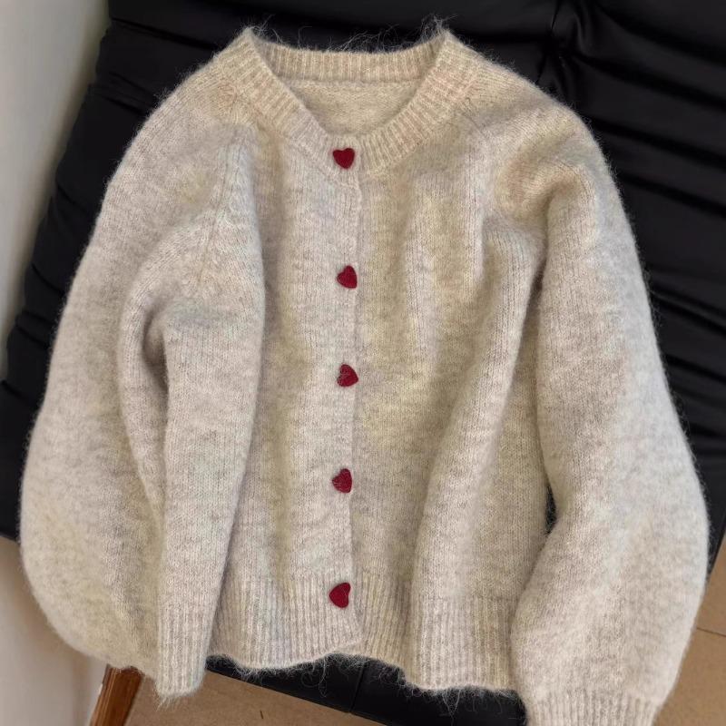 Liebes-Knopf-Pulloverjacke für Damen 2025 Herbst Neu Locker Rundhalsausschnitt Strick-Cardigan Top