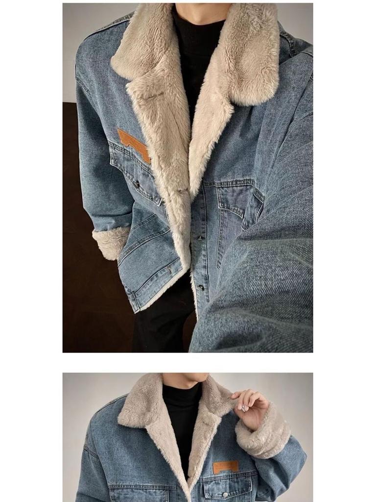 Men's Retro Velvet Denim Jacket – Trendy, Warm, Unisex, Loose-Fit with Multi-Pockets