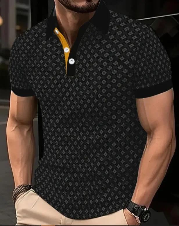 Trendy Geometric Pattern Short-Sleeve Polo Shirt, Stylish Men's Casual Top
