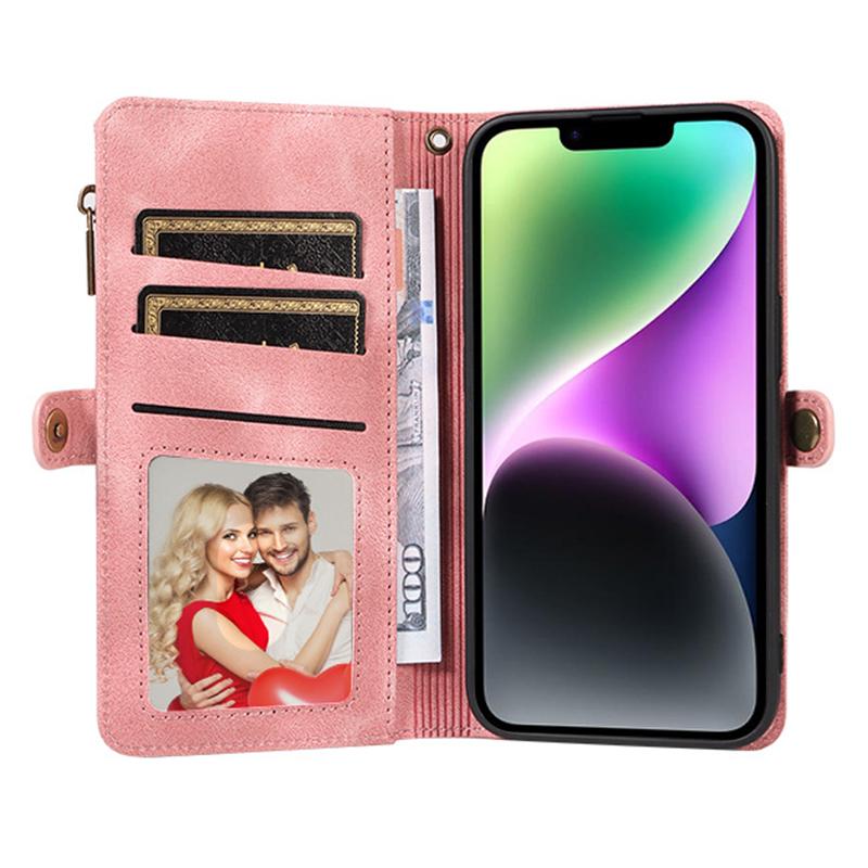 For iPhone 15 RFID Blocking Stand Leather Case Drop-proof Phone Cover Zipper Pocket Wallet with Strap