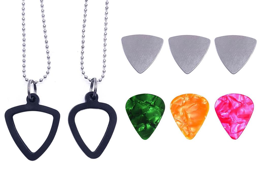 TUOREN Guitar Pick Holder Necklace with 3 Stainless Steel Picks and Colorful Celluloid Picks for Electric and Guitar, Bass, Ukulele, Guitarists,