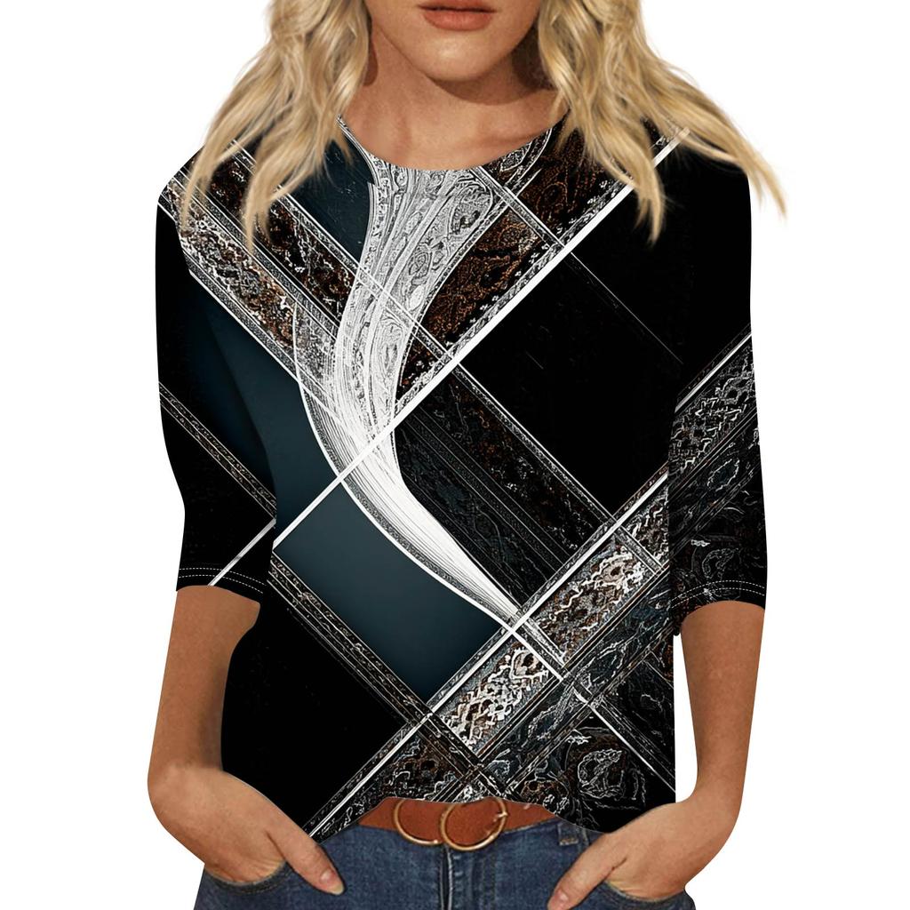 Trendy Vintage 3/4 Sleeve Top For Women,Ladies Casual Three Quarter Sleeve Round Collar Printed T-Shirt Blouse