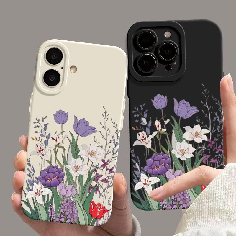 Purple Floral Pattern Phone Case For iPhone 16 16E 15 14 13 12 11 Pro Max XR X XS 12 Mini 16E 7 8 Plus Silicone Cover