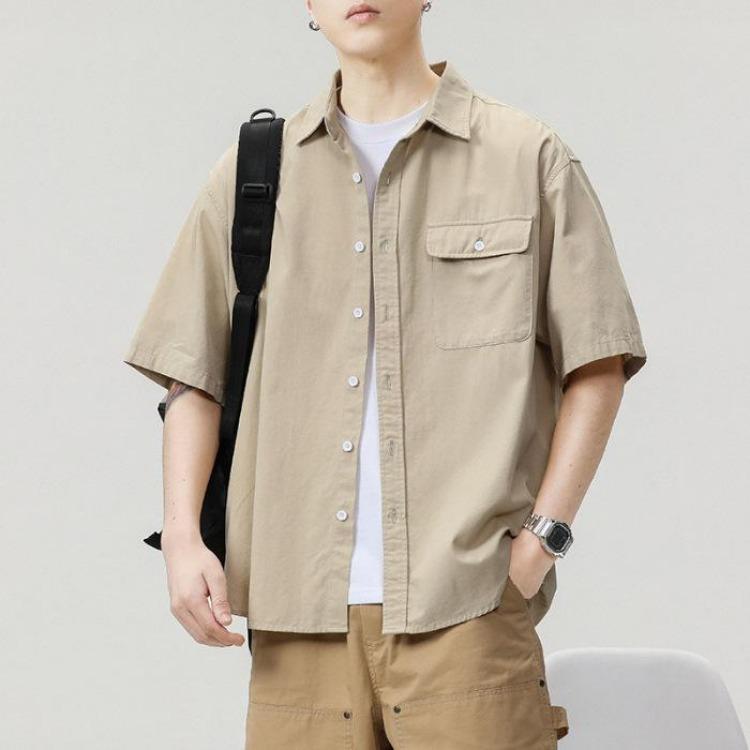 Japanese Retro Summer Shirt Men Pure Cotton Loose Fit Short Sleeve Casual Top