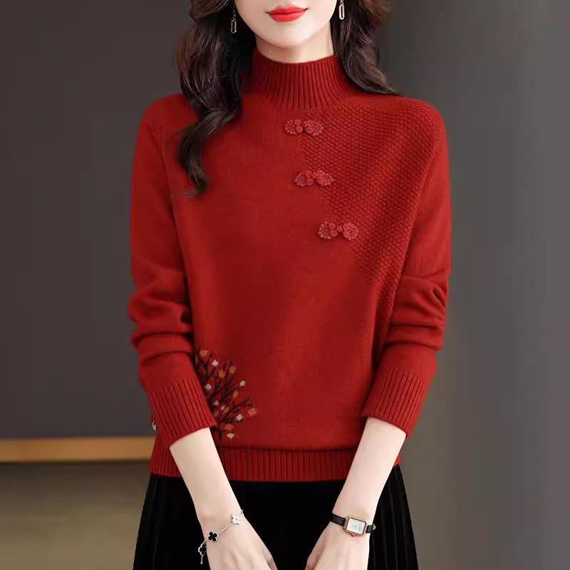 Damen Strickoberteil im chinesischen Stil mit halbem Stehkragen, einfarbiger Pullover, Pullover mit halbem Stehkragen für Damen