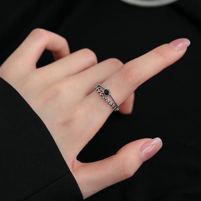 Vintage Double Layer Ear of Wheat Rings for Women Simple Design Black Zircon Ring Jewelry