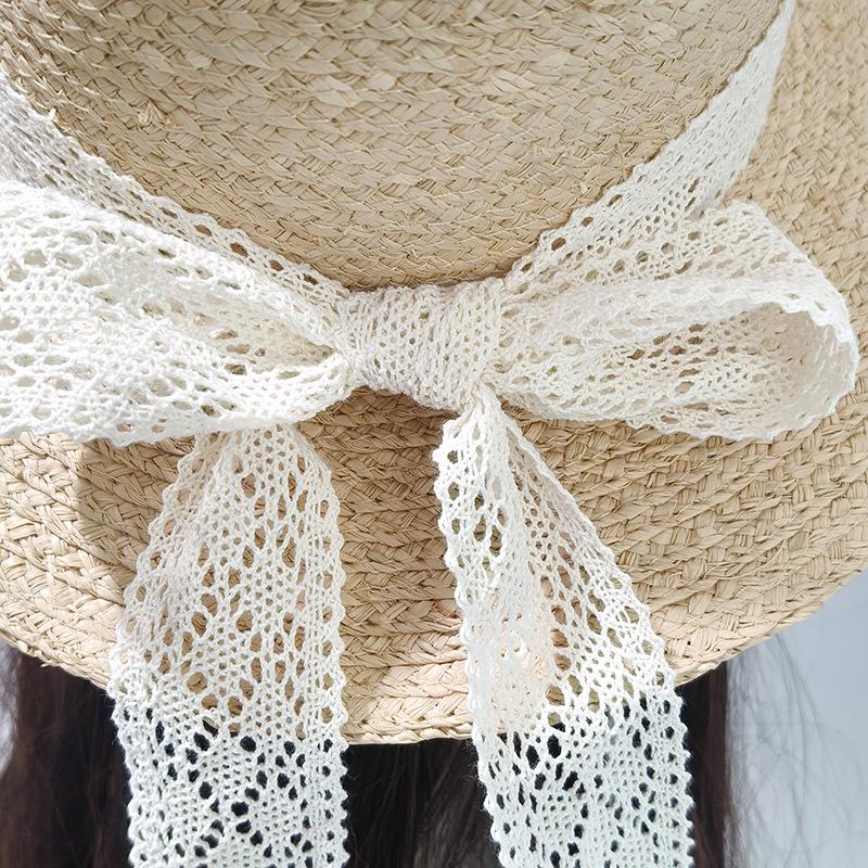 Lace Bow Streamer Beach Straw Hat Women's Summer Sunshade Sun Protection Raffia Flat Top Hat Seaside Vacation Sun Hat