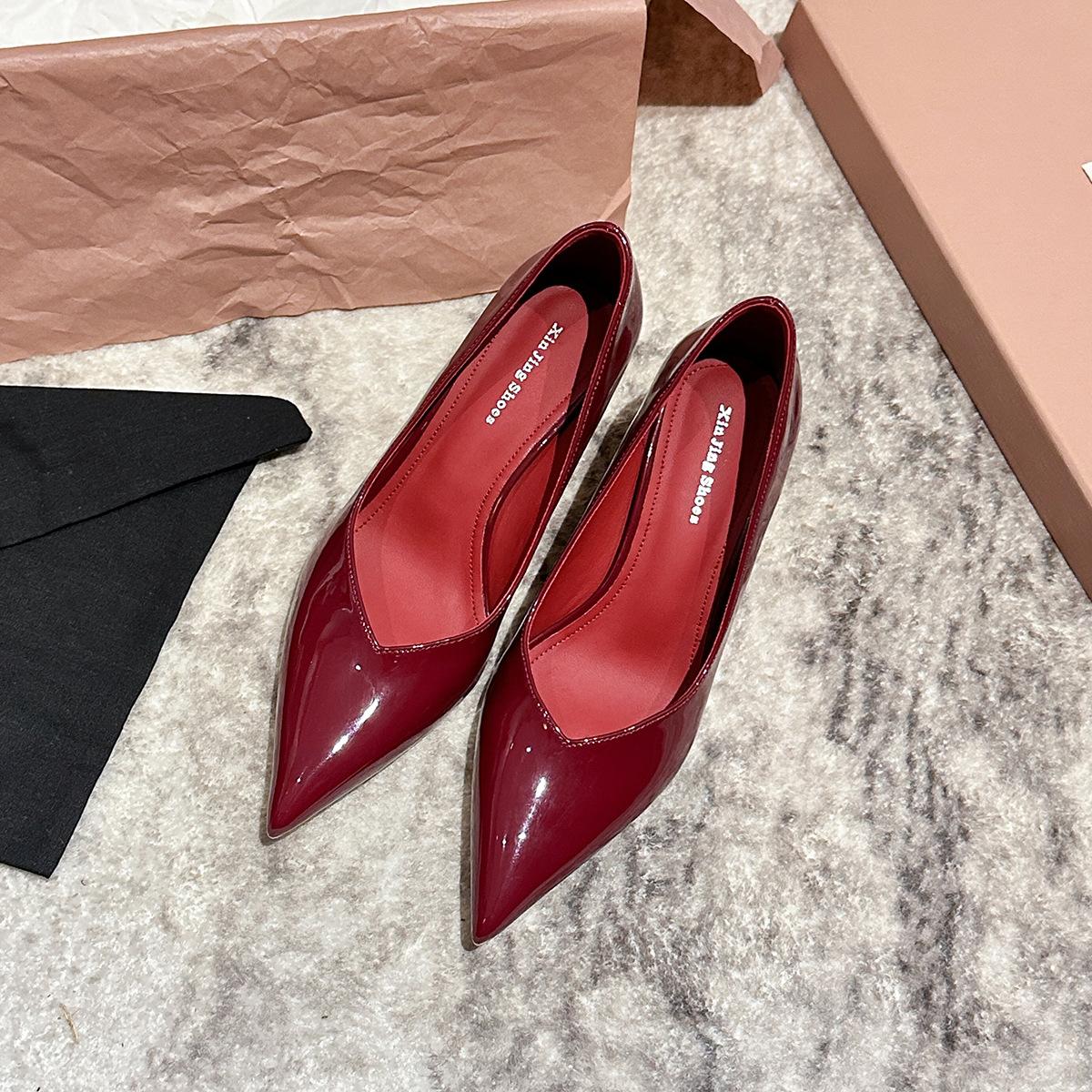 

879-2 Французские остроносые туфли на высоком каблуке, весенне-осенние новые простые туфли-лодочки на шпильке, рабочие, для通勤, женские туфли 40 бордовый