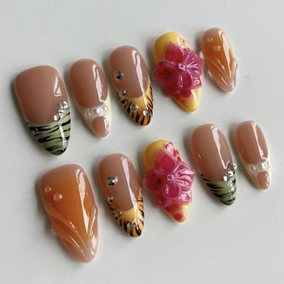 Short Almond Nail 3D Three-dimensional Color Wearing Nail Art French Markings Hot-selling Fake Nail Nail Piece