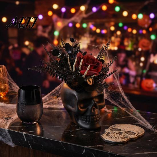 Durable Plastic Skull Spooky Figurine, Black Red Rose Creepy Eyeballs Skeleton Halloween Ornament Table Centerpiece for Tabletop, Desk, Mantel, Shelf,