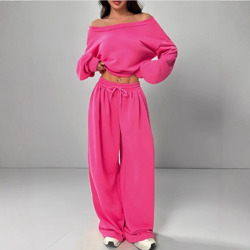 

Новий осінньо-зимовий модний обтислий кроп-топ з відкритими плечима та повсякденний комплект з довгих штанів XXL рожевий червоний колір