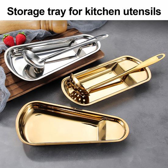 Metal Serving Spoon Rest Stainless Steel Buffet Tray, Holder with Food Tongs Cooking Accessory Rack, Plate for Bread Cake, Kitchen Counter Organizer