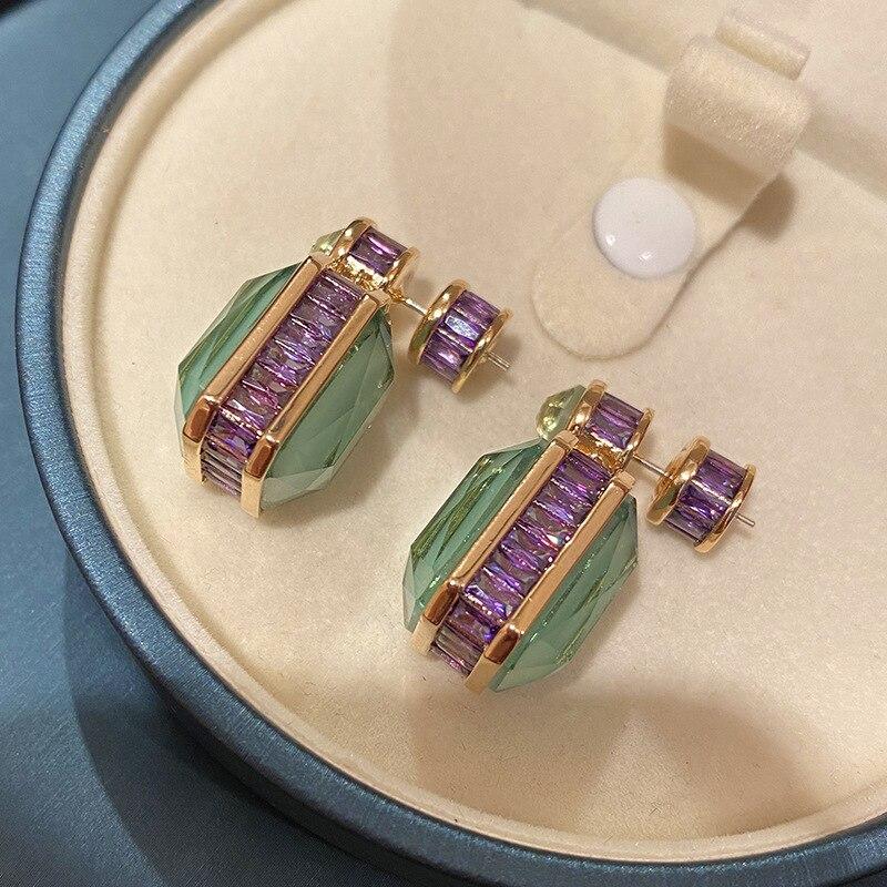 New Luxury Peridot Green Jade Earrings With Micro -Inlaid Purple Diamond Square Charm Vintage Earrings For Women Party Jewelry