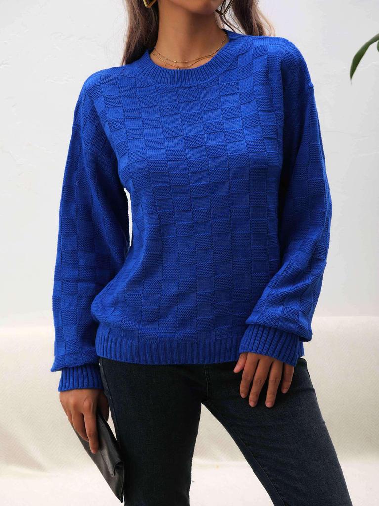 Women's 3D Plaid Headless Sweater - Simple, Loose, Round Neck Knit for Spring & Autumn