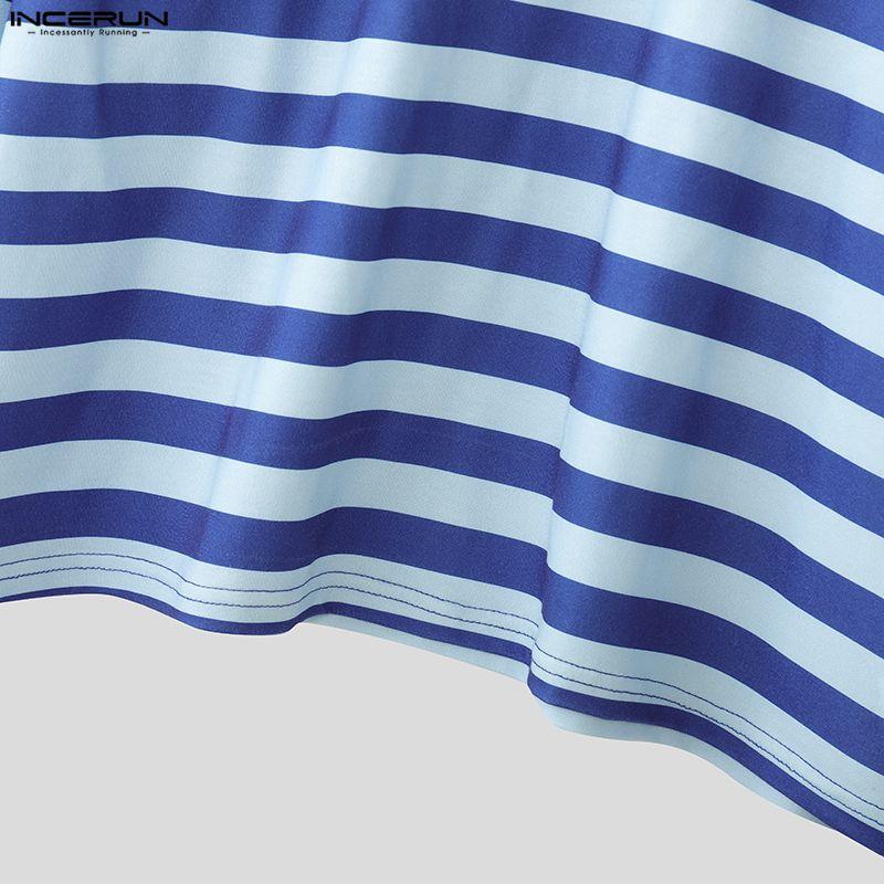 INCERUN Men Lapel Neck Long Sleeve Stitching Striped Casual Oversized T-shirts Tops