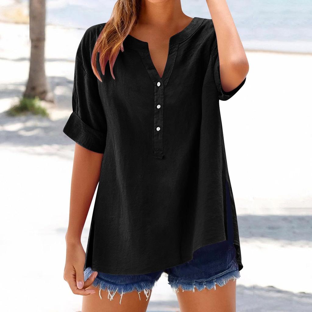 Women's Summer Casual V-neck Button Shirt Solid Color Short Sleeve Hem Split Cotton Blouse