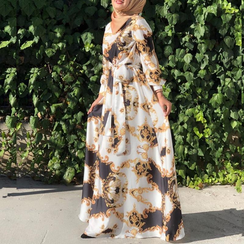 Floral Printting Ramadan Muslim Dress Abayas Lace Up O-Neck Dubai Turkey Islam Clothing Kaftan Robe for Womens Girls