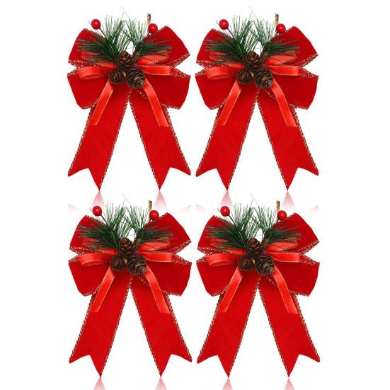Christmas Bows with Pine Cones Pine Needles Buffalo Plaid Ribbon Bows Christmas Tree Wreath Decoration for Gift Wrapping
