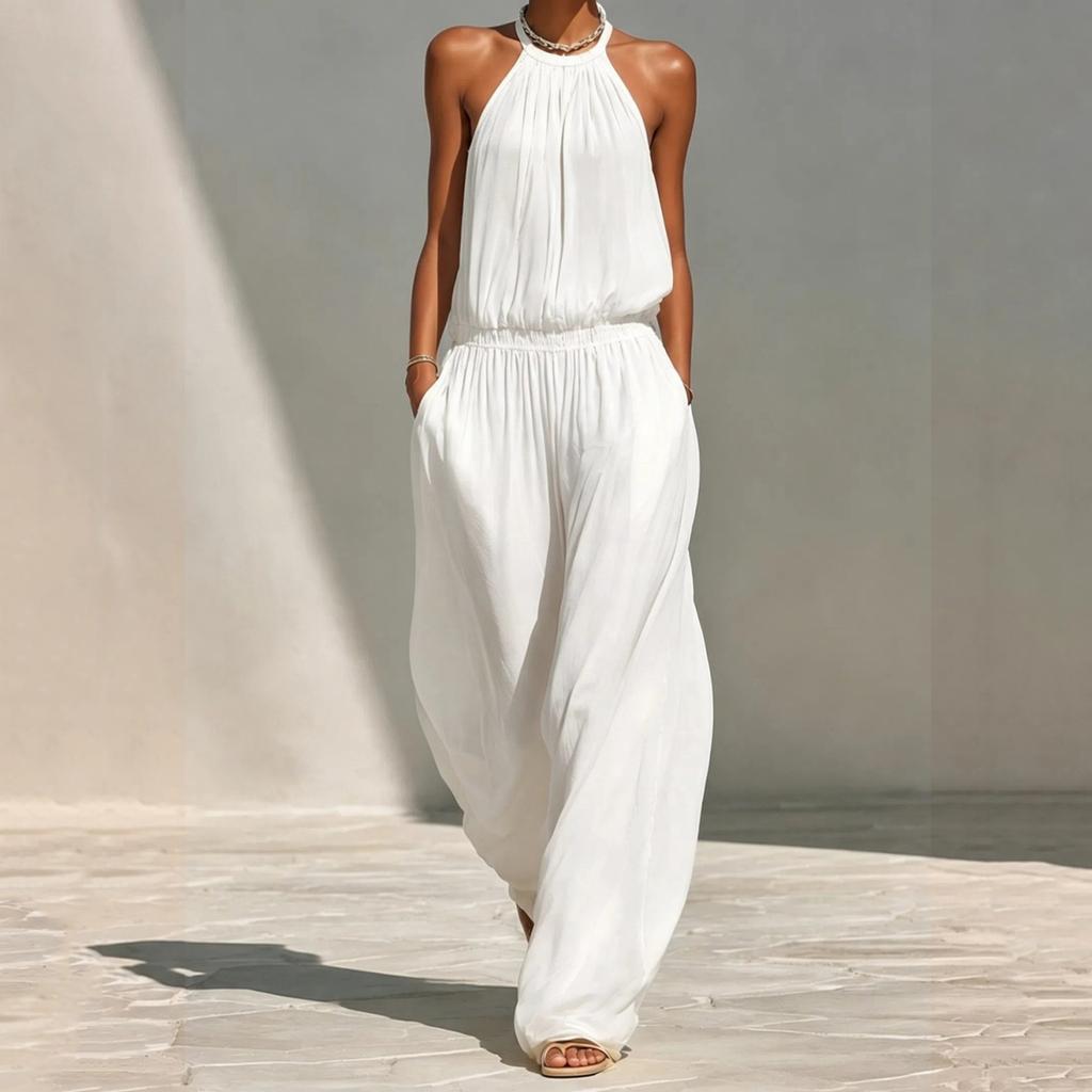Women's Neck Loose Wide Leg Jumpsuit Vacation Beach Casual Romper for Summer