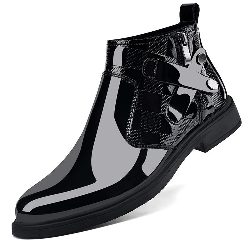 Fashion Winter Plush Ankle Boot Business Mirror Leather Chelsea Men's Boots Genuine Leather Wedding High Top Leather Shoes Cowboy Boots