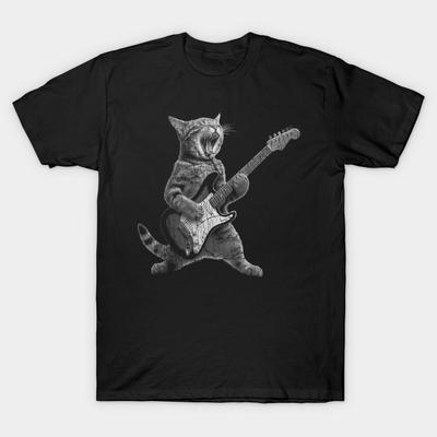 Men Black Print T-shirt Vintage Cat Playing Guitar Rock Star Rock And Roll For Men Women Kid No-Cut Transfer Paper Print Cotton Tshirt