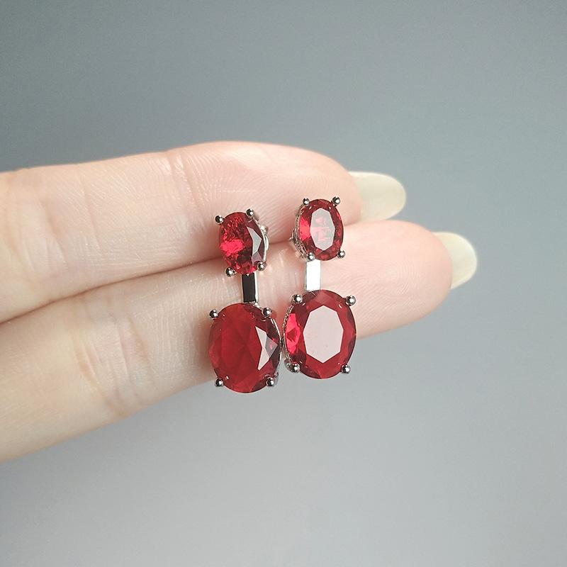 Rear Hanging Double Blue Stone Oval Diamond Suspension Earrings, Simple Colored Treasure Gift, Two Earrings.