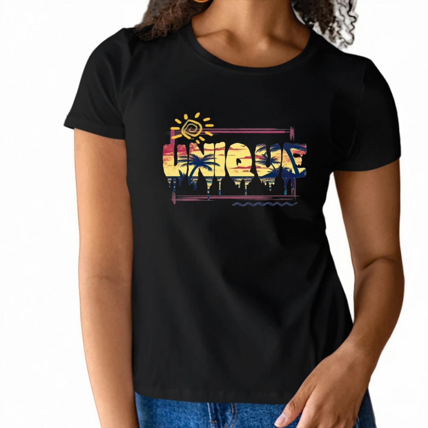 Summer vibeWomens Short Sleeve T Shirt Unique Design with Sun Palm Tree Graphic for a Tropical Summer Look S чёрный