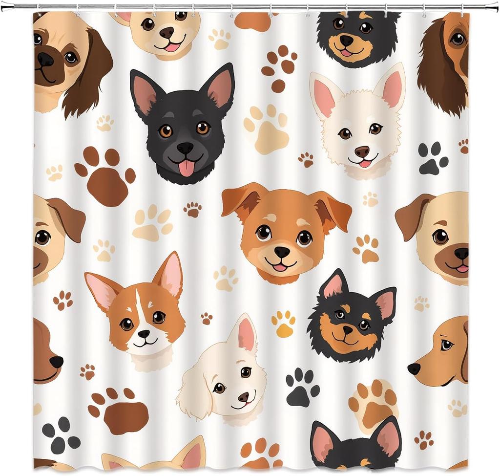 Cute Dog Shower Curtain Cartoon Puppy Funny Animal Dogs Paw Print for Pet Lover Modern Bathroom Decor Fabric Curtain with Hook