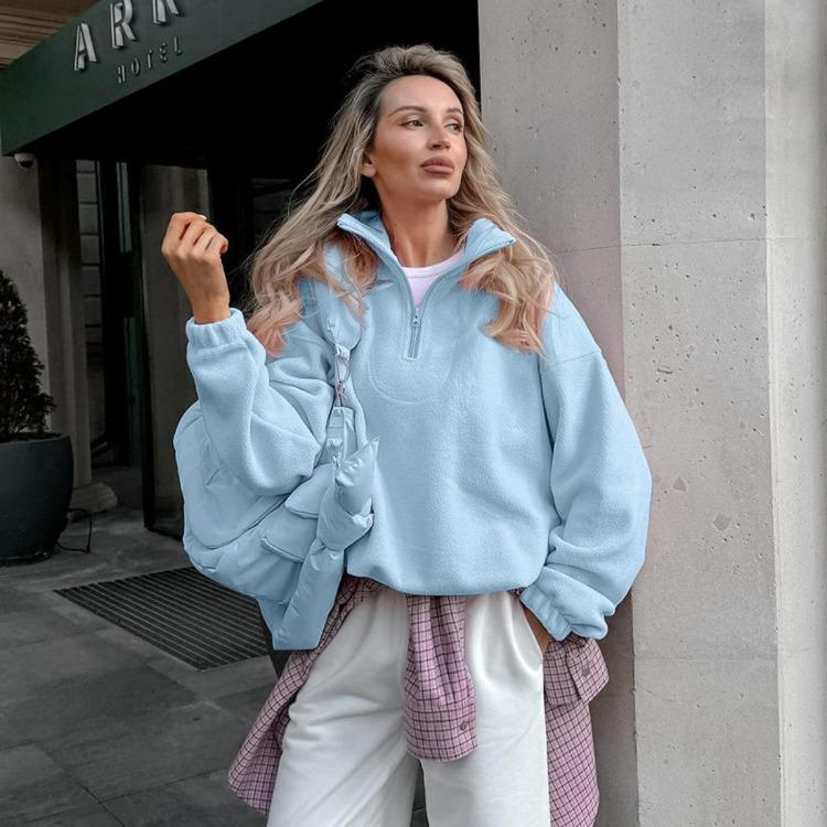Autumn Winter New Women Casual Outerwear Top French Minimalist Loose Fit Fashion Sports Sweatshirt Solid Color