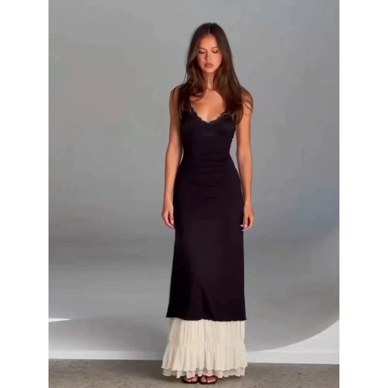 

Tiger Mist Yu Shuxin Same Style Black Dress Sexy Spicy Suspender Skirt Pleating Color Matching Mop Long Skirt Black L