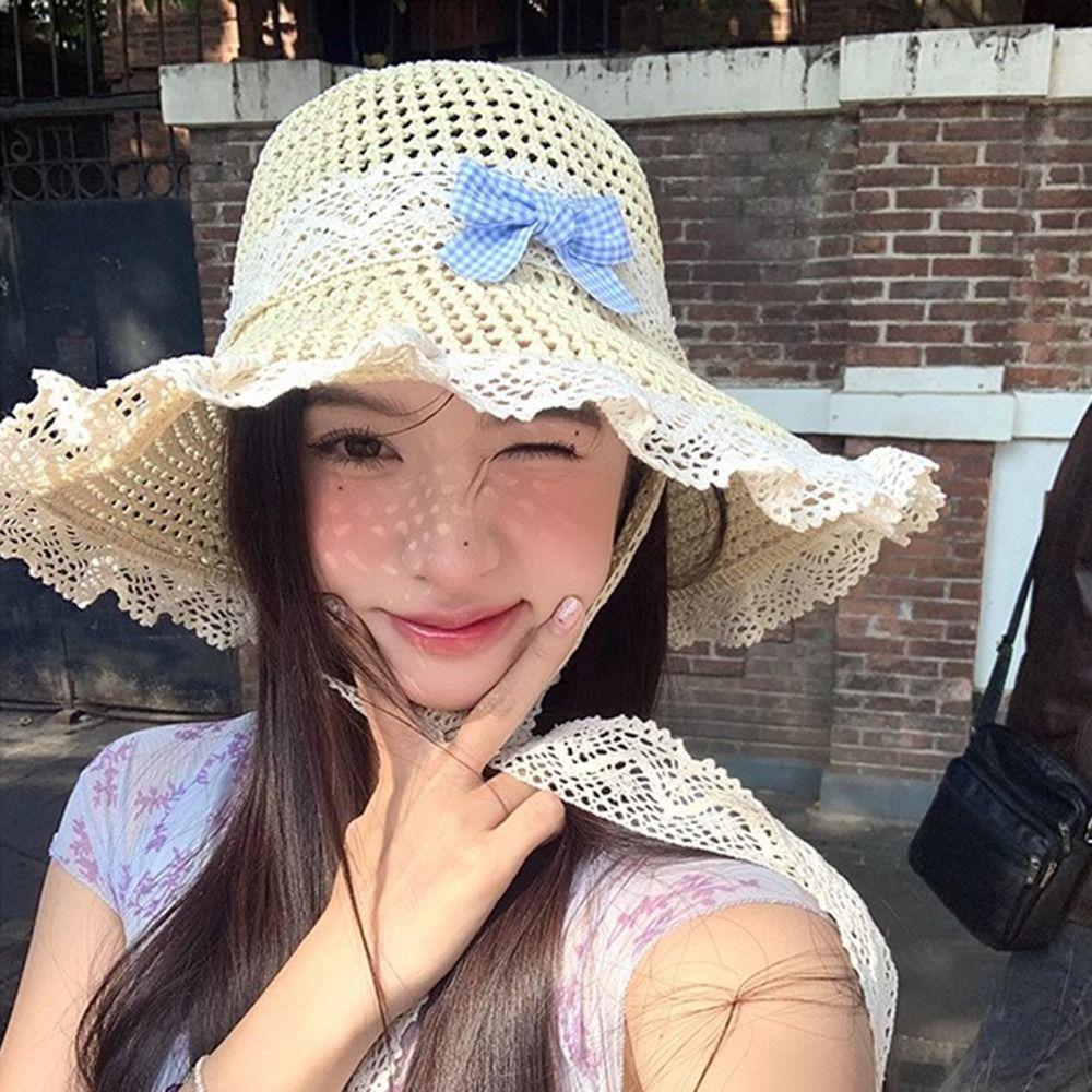 Breathable Woman's Straw Hat Elegant Lace Brim Sunshade Cap Casual Big Bowknot Sun Hat  Girls