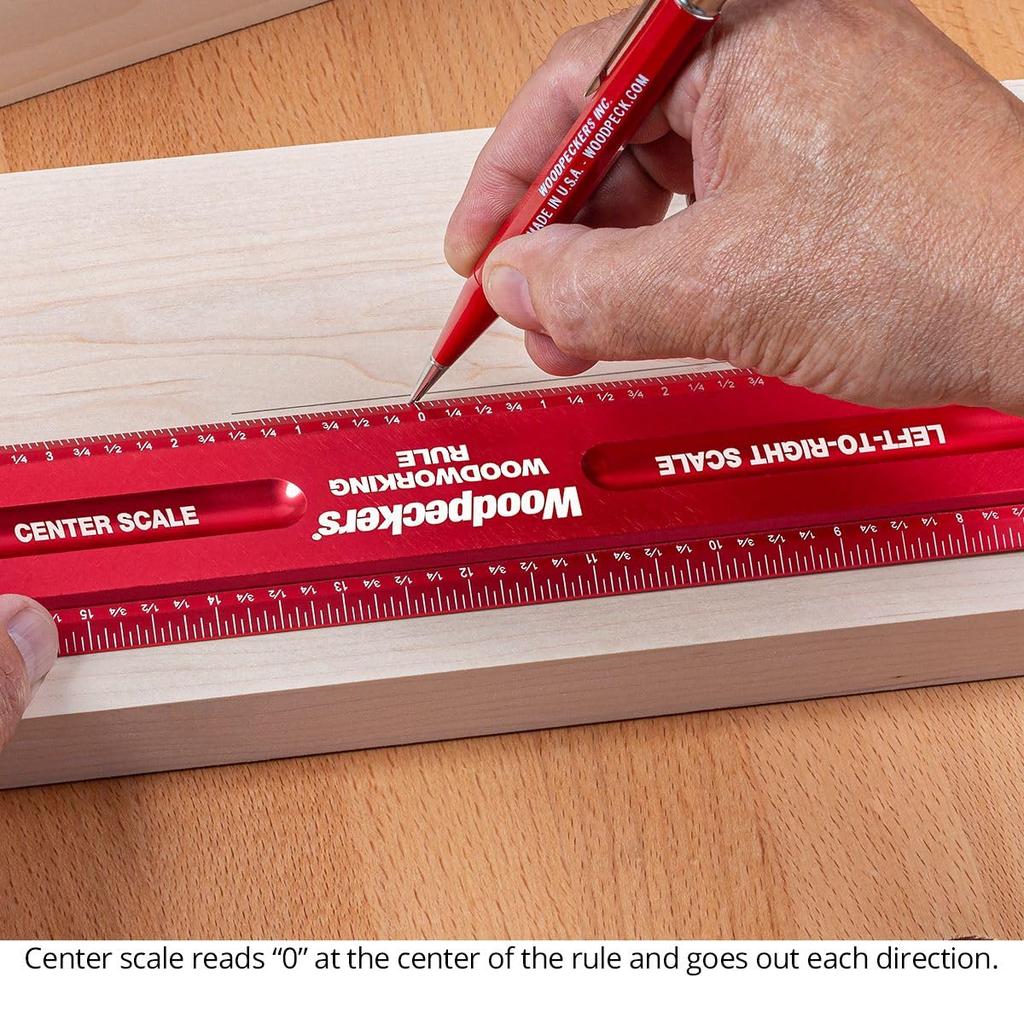 Woodpeckers Woodworking L2R Center Laser Engraved Precision Aluminum Metric Woodworking Ruler with Beveled Edges Rule, 300mm, & Scale, USA-Made