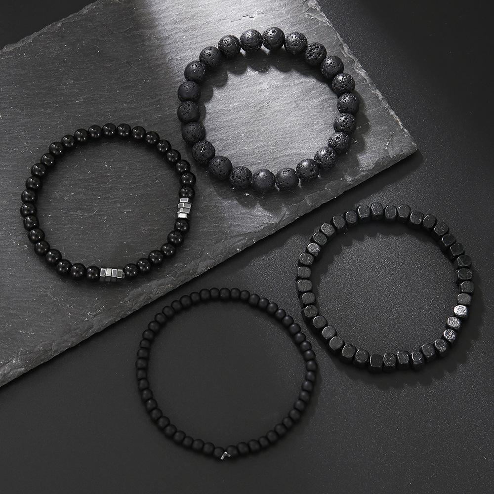 4PC Fashion Black Gallstone Volcanic Stone Wood Bead Multi layer Men's Combination Elastic Bracelet Couple Friends Jewelry