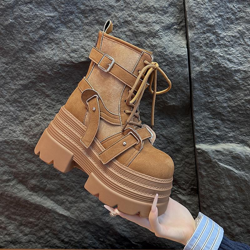 Moda Autunno Inverno Stivali Gladiator da Donna Tacchi Chunky Pelle Scarpe Punk Fibbia Stivali da Moto Goth Chelsea Mujer Zapatos 10CM cm beige
