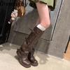 Vintage Gürtelschnalle Frau Western Cowboy Stiefel Mode Slipper Niedriger Absatz Lange Stiefeletten Botas De Inverno Feminina