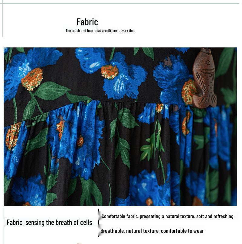 Blue Floral Cotton Linen Plus Size A-Line Dress - Summer 2023, Short Sleeve, Loose Fit