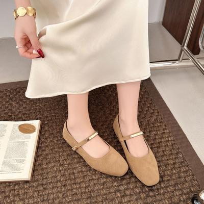 Quadratischer Absatz Mary Jane Damenschuhe Frühling und Herbst Neu Wildleder Flacher Mund Ein Riemen Retro Vielseitig Einzelne Schuhe