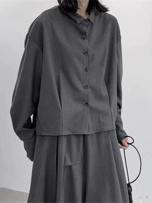 Women's Dark Style Pleated Wool Shirt: Slimming, Loose, Short, Long-Sleeved Japanese Design for Autumn & Winter