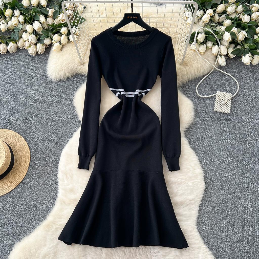Spring Autumn Women Vintage Hepburn Style Black Full Sleeve Knitted Sweater Slim Fishtail Dresses