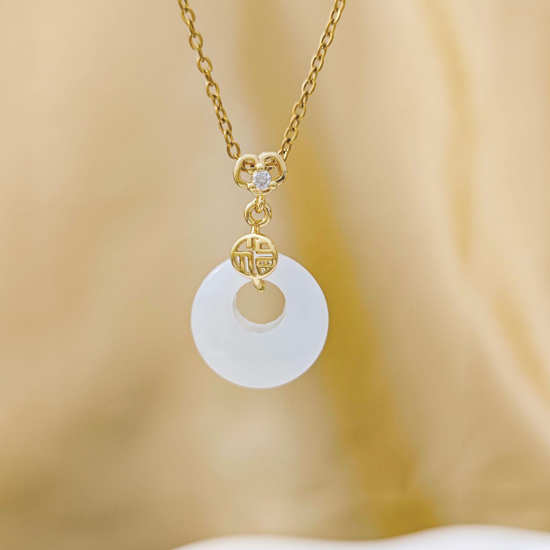 Ruyi Peace Buckle Necklace with Imitation Hetian Jade Pendant & Titanium Steel Chain