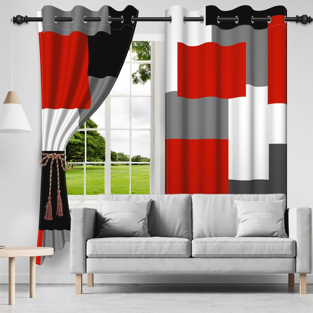 2Pcs Red Black Blackout Curtains for Bedroom Modern Abstract Geometric Living Room Darkening Thermal Insulated Window Drapes