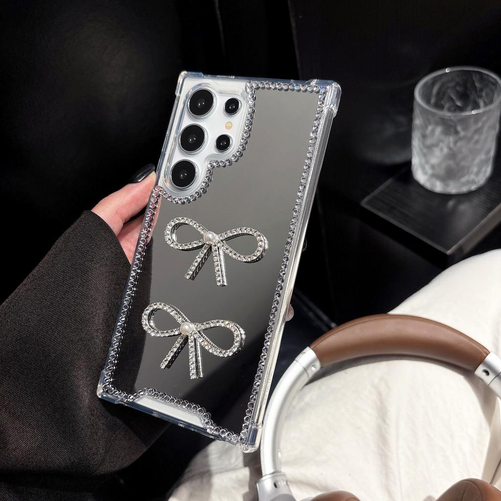 Glitter Bowknot Diamond Crystal Mirror Case for Samsung for Galaxy S25 S24 S23 S22 A56 A55 A54 A24-Shockproof Protection Cover