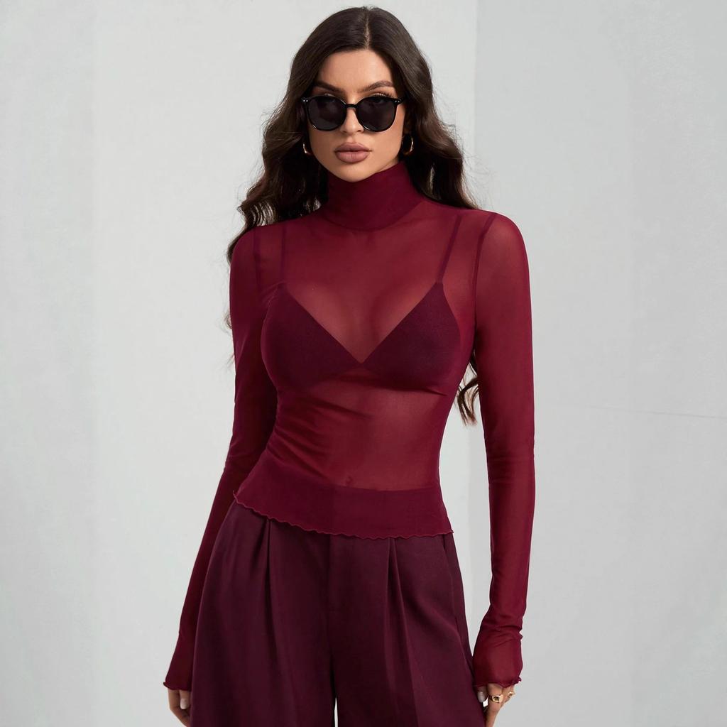 Women Solid Mesh Stand Collar Top Long Sleeve Slim Commute Wear Autumn Winter