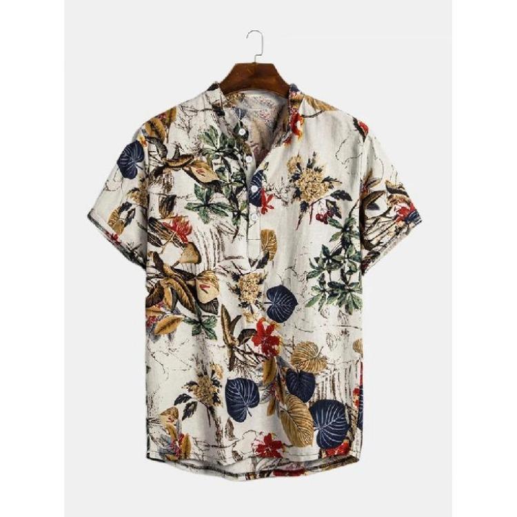 New Summer Men Casual Shirt Ethnic Stand Collar Plant Flower Short Sleeve S