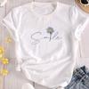 Blumen- & Buchstaben-Print Rundhals-T-Shirt Lässiges Kurzarm-T-Shirt für Sommer Damenbekleidung Bequeme Weiche Kreative Oberteile